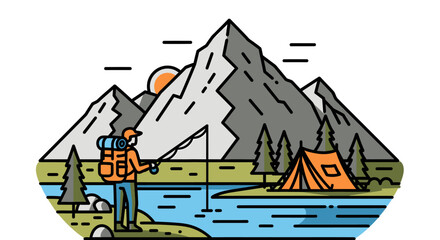 Illustration of a person fishing in a lake with mountains, trees, and a tent in the background, depicting an outdoor adventure scene.