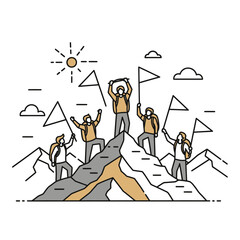 A group of five hikers celebrating their achievement on a mountain peak, holding flags under a sunny sky.