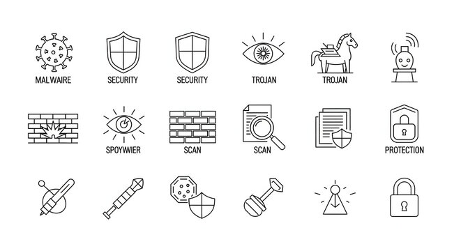 Cyber Security Icons: A collection of concise icons depicting cybersecurity elements, suitable for various applications. 