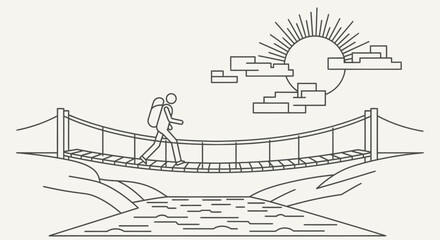 Line art illustration of a hiker crossing a suspension bridge over a river with sun and clouds.