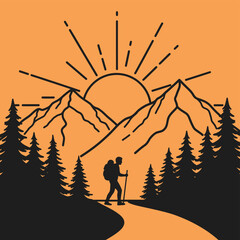 A hiker walking on a path towards mountains with a rising sun and pine trees in a minimalist line art style.