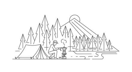 A minimalist line art illustration of a person camping in a forest, preparing coffee with a tent and mountains in the background.