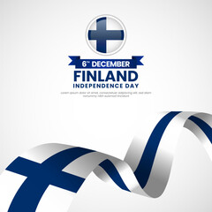 Finland independence day greeting card, square banner background with waving ribbon flag