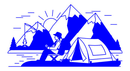 A blue line art illustration depicting a person camping and fishing by a lake with mountains and sun in the background.