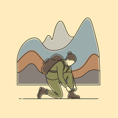 Illustration of a person with a backpack kneeling to tie hiking boots in front of stylized mountains, preparing for an outdoor adventure.