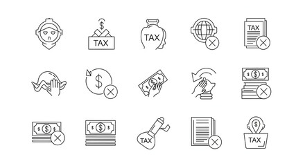 Taxation icon set : A visually clear and organized icon set is designed to represent various aspects of taxation and financial responsibilities, perfect for conveying concepts of tax, money.