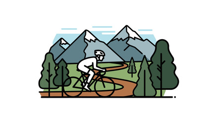 A person cycling on a winding dirt path through a forest with large mountains in the background, in a minimalist illustration style.