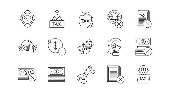 Taxation icon set : A visually clear and organized icon set is designed to represent various aspects of taxation and financial responsibilities, perfect for conveying concepts of tax, money.
