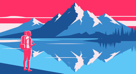 A stylized illustration of a hiker admiring a serene mountain lake with reflections under a vibrant sky.