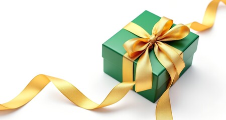 Luxurious green gift box with beautiful goldden ribbon on white background