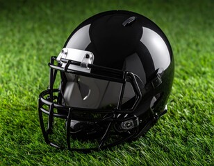 Naklejka premium American football helmet on green grass field, a piece of protective sport equipment for the game