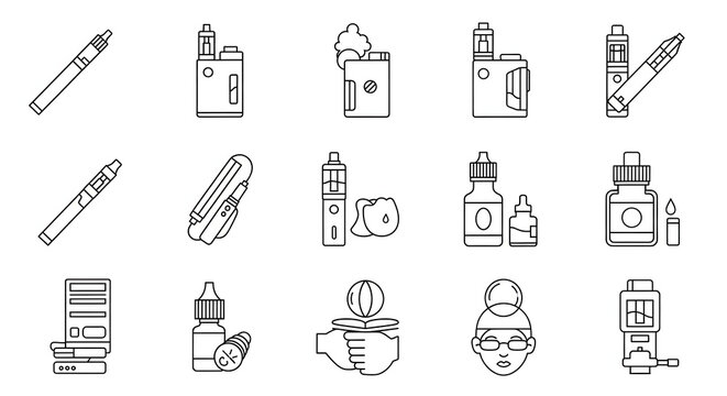 Vape Icons Set: A collection of various vape devices, e-liquids, and vaping-related elements are presented as sleek, minimalist line art icons, offering a stylish and modern aesthetic.