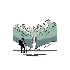 Minimalist line art illustration of a hiker with a backpack and trekking pole admiring a mountain landscape with a waterfall and sun.