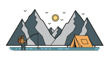 Flat illustration of a person fishing by a lake with a tent and majestic mountains under a sunny sky, depicting outdoor leisure.