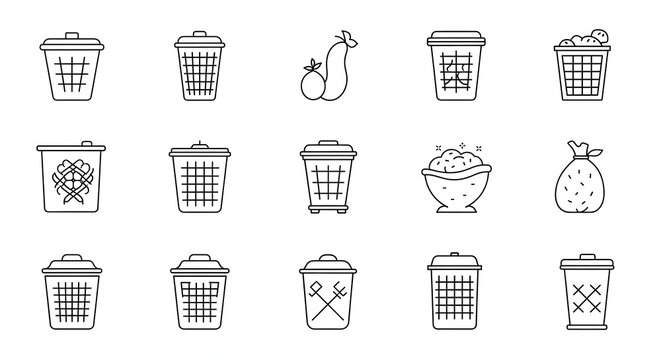 Waste Management Icons: An array of concise icons represents recycling, trash disposal, and food waste. Essential symbols for environmental responsibility and urban design.