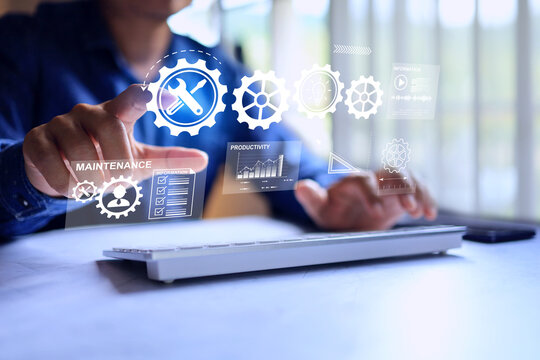 maintenance concept with a man pointing on torque wrench virtual  interface screwdriver crossed icon represent to planning manage a machinery facility industrials service and maintenance