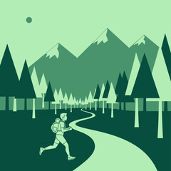 A person running on a winding path through a green forest with mountains in the background under a sun.