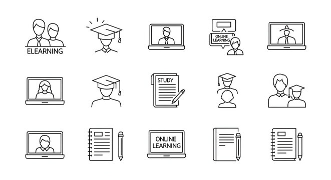Online Education: A comprehensive set of modern line icons represents the world of online education, illustrating various aspects such as students, laptops, and learning. 