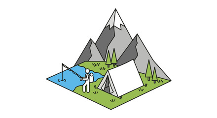 Isometric illustration of a person fishing by a lake next to a tent with mountains and trees in the background, depicting outdoor leisure.
