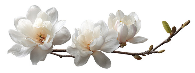 Delicate white magnolia blossoms on a branch