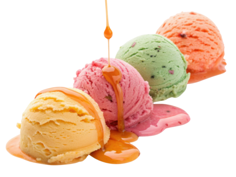 Delicious colorful ice cream scoops with caramel syrup, sweet refreshing dessert. Indulgent food with many yummy summer flavors melting