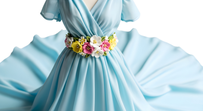 Elegant light blue flowing dress cake with colorful floral sugar belt decoration isolated PNG with Transparent Background