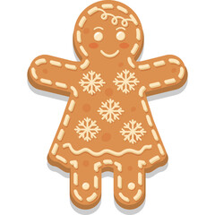 Gingerbread Woman Cookie With White Icing Detail And Snowflake Decorations Isolated On Transparent Background