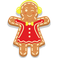 Gingerbread woman with headphones and red dress winks happily with stitched lines and icing detail on transparent background
