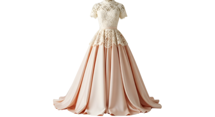 Elegant luxury formal evening gown with lace bodice and flowing blush pink skirt isolated PNG with Transparent Background