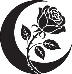 Fototapeta premium Black silhouette of a rose and leaves within a crescent moon