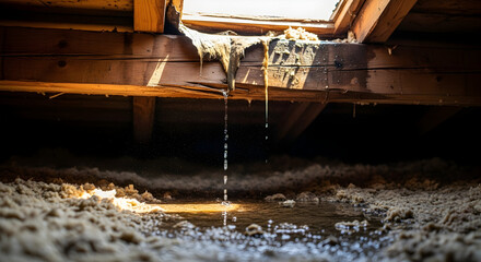 Water leaks from roof into attic highlighting damage risk 72083241 1