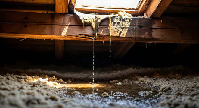 Water leaks from roof into attic highlighting damage risk 72083241 1