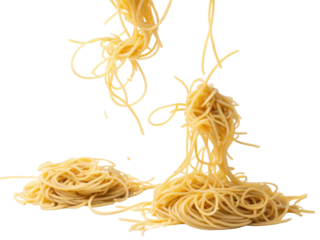 Fun delicious spaghetti pasta noodle falling messy from above. Cooked italian food, fresh ingredient for tasty meal, isolated background