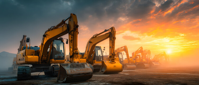 Heavy machinery excavators lined up at construction site during dramatic sunset with clouds