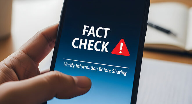 Smartphone displaying fact check text emphasizing the importance of verifying information 64325243 1
