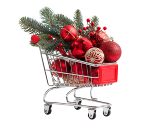 Festive Shopping Cart Full of Red Christmas Ornaments and Fir Branches isolated on transparent background