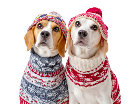 Cute Beagle Dogs Wearing Matching Festive Christmas Sweaters and Knitted Winter Hats isolated on transparent background