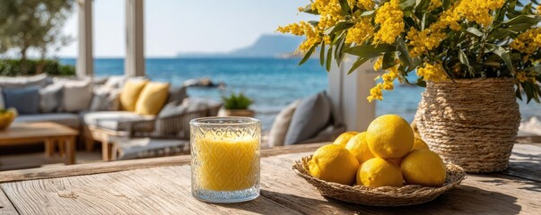 Candle on table under sunny coastal sunlight concept. Refreshing lemon drink alongside vibrant flowers by the sea.
