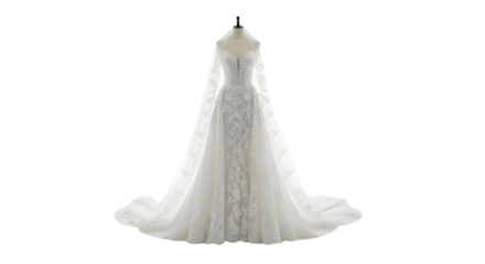 Elegant white lace wedding dress displayed on a mannequin for bridal fashion catalog isolated PNG with Transparent Background
