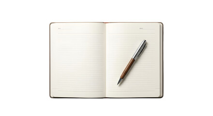 Naklejka premium Minimalist open notebook with lined paper, elegant fountain pen on blank journal pages, professional office stationery for writing and journaling isolated PNG with Transparent Background