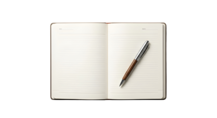Blank lined open notebook and stylish pen for writing, planning, or corporate notes. isolated PNG with Transparent Background
