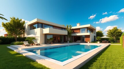 Fototapeta premium Luxury modern villa with private pool and manicured lawn under sunny blue sky, perfect for upscale living or vacation rental brochures and real estate marketing