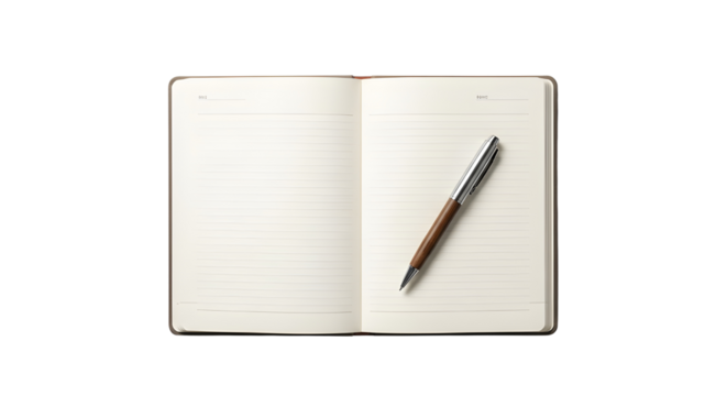 Open blank lined notebook journal with elegant pen isolated PNG with Transparent Background