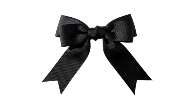 Elegant black satin fabric ribbon bow used for luxury gift packaging or formal decoration isolated PNG with Transparent Background
