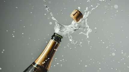 An open bottle of champagne on a grey background. the splashes of the drink fly apart. The concept of celebration and fun.