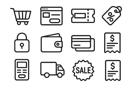 E-commerce Icons Collection. E-commerce Payment Gateways linear icon set: shopping cart, checkout page, promo code, discount tag, secure lock, wallet icon, credit card, invoice