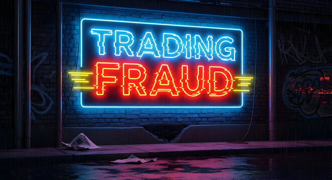 Neon sign trading fraud in urban setting symbolizing financial deception 84548961 1