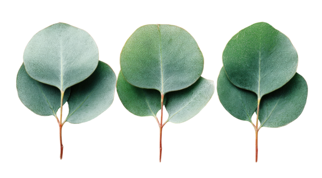 Three eucalyptus leaves, varying shades of green, arranged horizontally