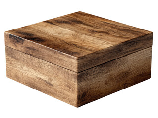 Square wooden box, textured grain, dark edges, on a black background