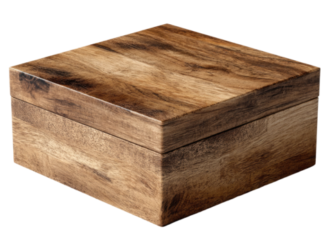 Square wooden box, textured grain, dark edges, on a black background
